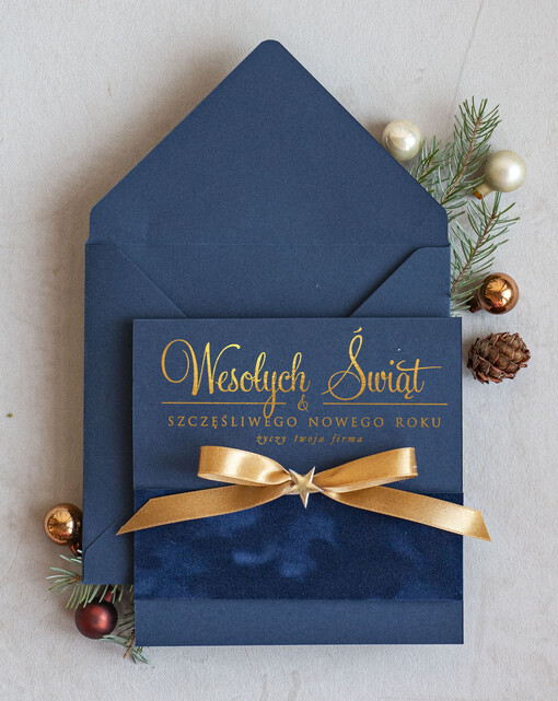  Kokardki  Złocone kartki na święta z logo firmy, świąteczna kartka biznesowa z kokardką i welurem, nowoczesna firmowa kartka bożonarodzeniowa
