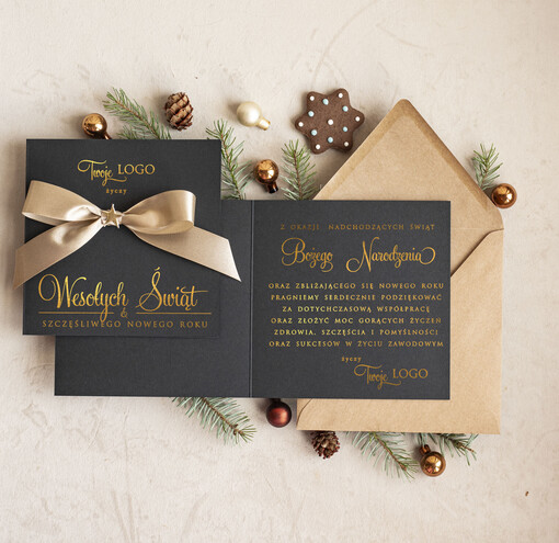  Kokardki  Złocone kartki na święta z logo firmy, świąteczna kartka biznesowa z kokardką i złotymi napisami, nowoczesna firmowa kartka bożonarodzeniowa