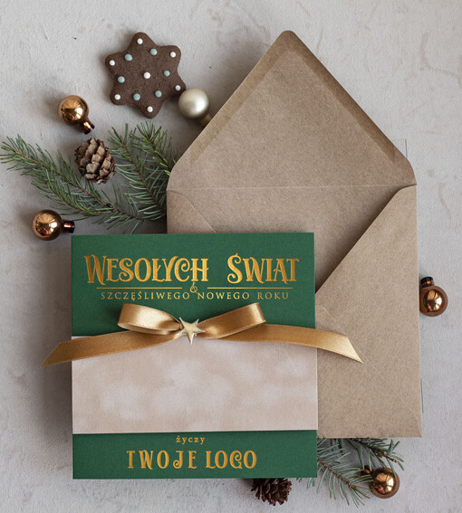  Kokardki  Złocone kartki na święta z logo firmy, świąteczna kartka biznesowa z kokardką i welurem, nowoczesna firmowa kartka bożonarodzeniowa