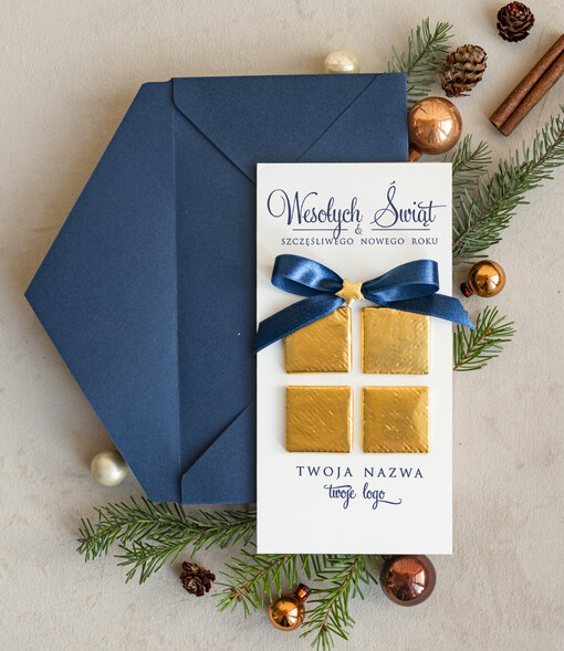  elegance kartka świąteczna z czekoladką dla firmy z logo biznesowe kartki swiateczne dla firm z pralinką