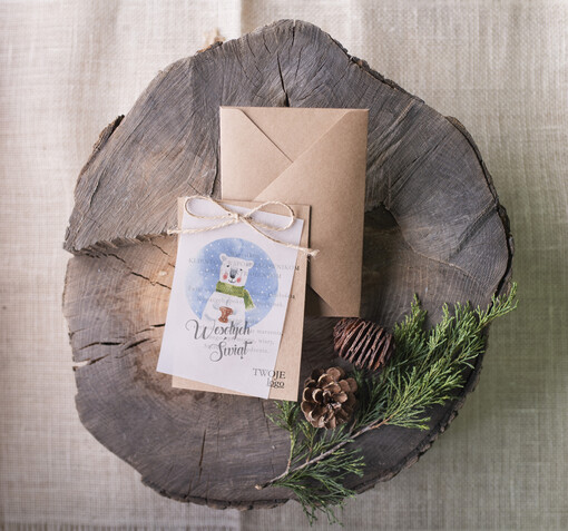  retro biznesowe kartki świąteczne z logo, kalkowe ze wstążką