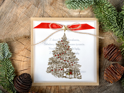  retro kartki świąteczne dla firm z logo, kalkowe ze wstążką