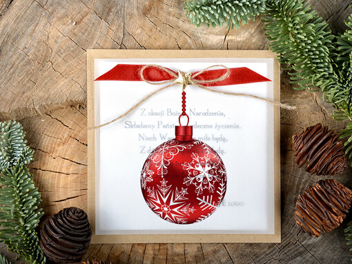  retro kartka świąteczna dla firmy z logo, kalkowe ze wstążką