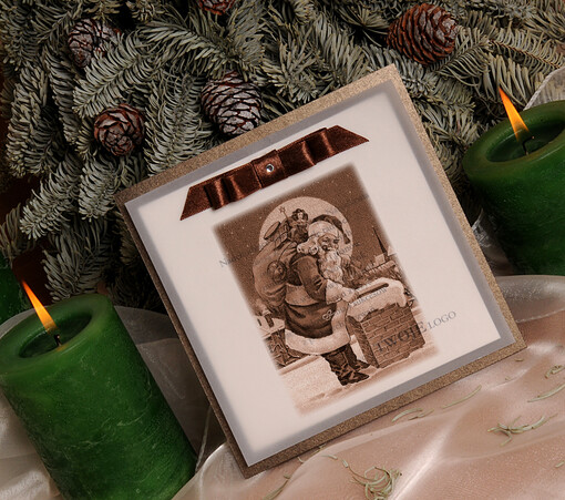  retro kartka świąteczna z logo firmy, eco brąz ze sznurkiem