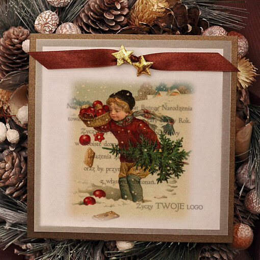  retro biznesowe kartki świąteczne z logo, kalkowe ze wstążką