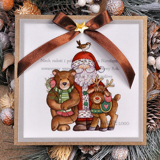  retro kartka świąteczna z logo waszej firmy, eco brąz ze sznurkiem