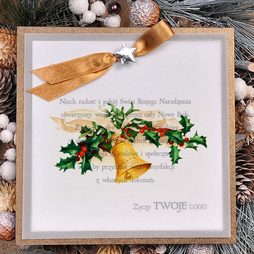  retro Biznesowa kartka swiateczna z logo firmy, retro ze sznurkiem i wstążką