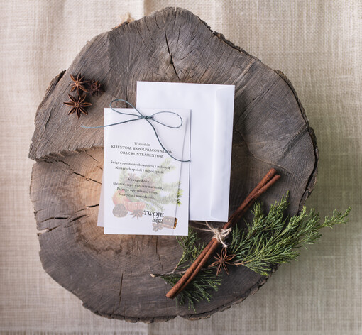  retro kartka świąteczna dla firmy z logo, eco brąz z kalką