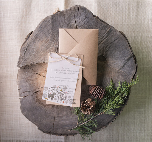  retro firmowe kartki bozonoarodzeniowe z logo, eco brąz ze sznurkiem