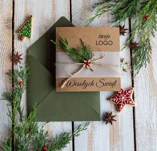  natural kartki świąteczne z logo twojej firmy, naturalne ze wstążką