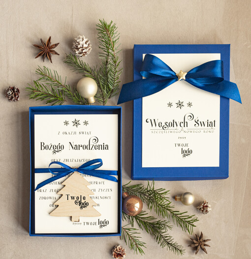  kartka pudełko Biznesowe kartki świąteczne z logo w pudełku z bombką na choinkę- drewniane zawieszki na choinkę prezent dla klientów