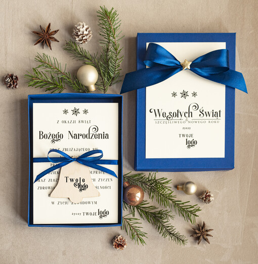  kartka pudełko Biznesowe kartki świąteczne z logo w pudełku dzwonek bombką na choinkę- drewniane zawieszki na choinkę prezent dla klientów