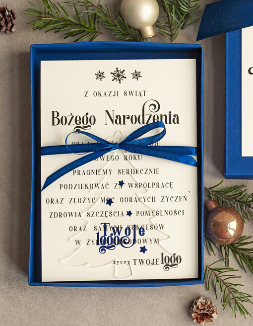  kartka pudełko Biznesowe kartki świąteczne z logo w pudełku choinka bombką na choinkę- drewniane zawieszki na choinkę prezent dla klientów