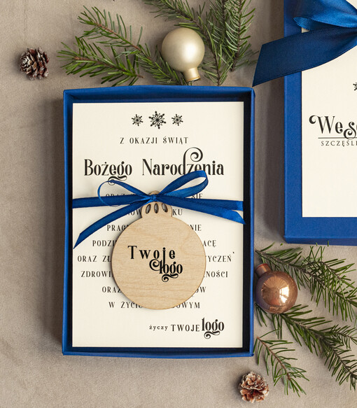  kartka pudełko Biznesowe kartki świąteczne z logo w pudełku z bombką na choinkę- drewniane zawieszki na choinkę prezent dla klientów