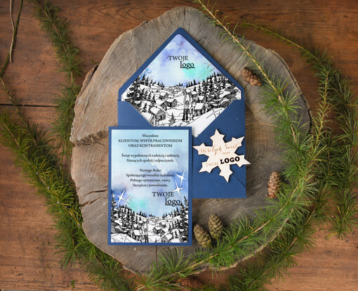  z magnesem lub zawieszką na choinkę kartka swiateczna z logo twojej firmy, bożonarodzeniowe kartki z drewnianą zawieszką i wstążką