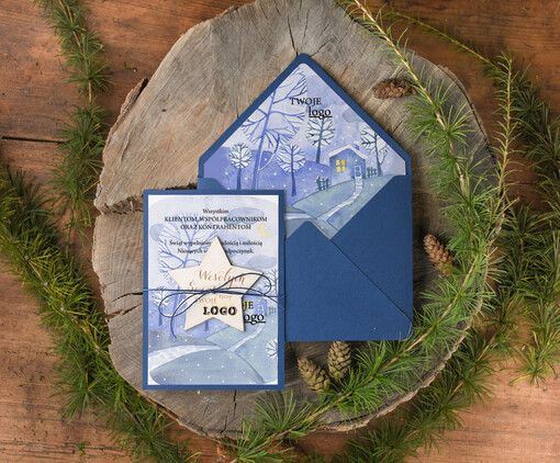  z magnesem lub zawieszką na choinkę firmowe kartki świąteczne z logo firmy, bożonarodzeniowe kartki z drewnianą zawieszką i wstążką