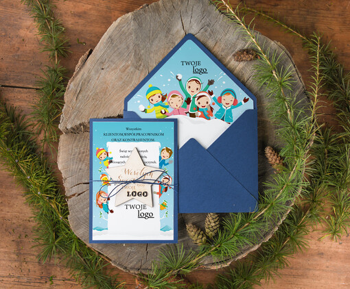  z magnesem lub zawieszką na choinkę firmowe kartki swiateczne z logo, kartki z drewnianą bombką