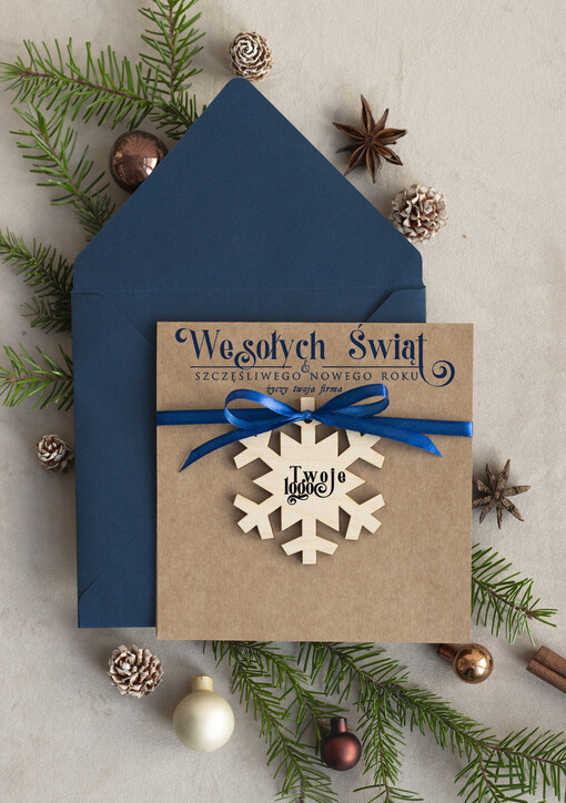  z magnesem lub zawieszką na choinkę Bombka gwiazdka zawieszka na choinkę i  kartka świateczna dla Firm, kartki swiateczne z logo, biznesowa kartka