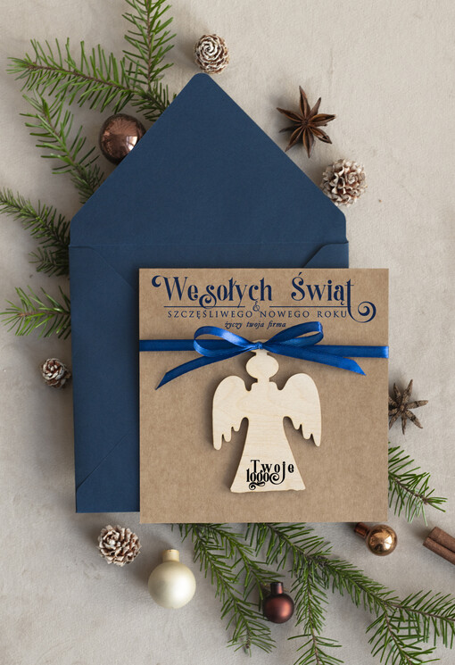  z magnesem lub zawieszką na choinkę Bombka Aniołek zawieszka na choinkę i  kartka świateczna dla Firm, kartki swiateczne z logo, biznesowa kartka