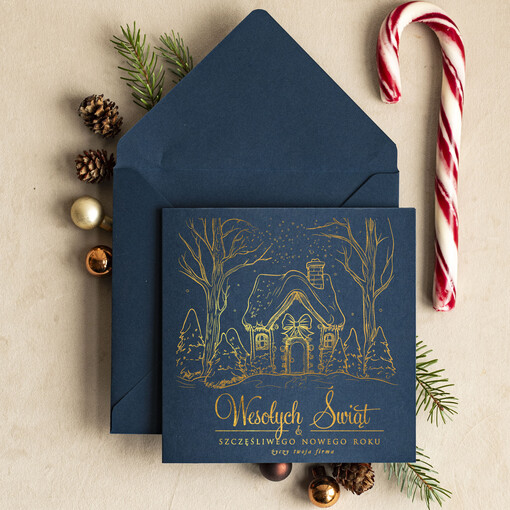  złocone złote kartka świąteczna z logo firmy, złocone kartki bozonarodzeniowe dla klientów, biznesowe kartki świąteczne, firmowe pozłacane karnety 