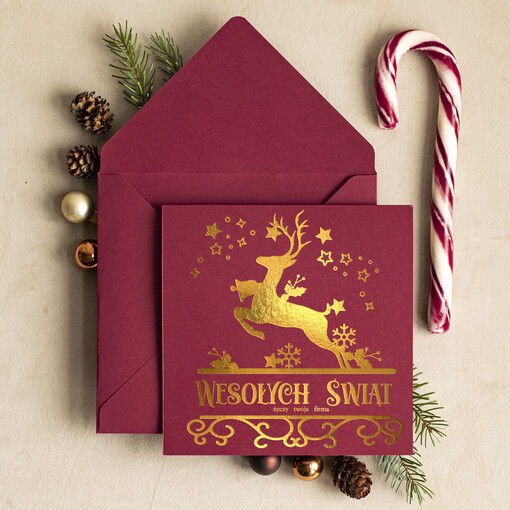  złocone złote firmowe kartki swiateczne z logo złocone treści i napisy na karnecie bożonarodzeniowym, kartki świąteczne dla pracowników, błyszczące złote karnety swiateczne złote napisy