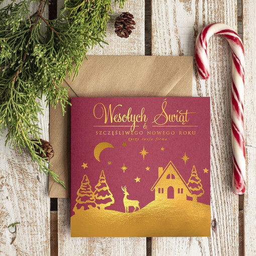  złocone złote eleganckie kartka świąteczna dla firmy z logo, błyszczące złocone karnety świąteczne złote napisy, bordowe kartki świąteczne 