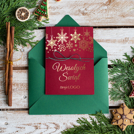  złocone złote ręcznie robione kartki świąteczne z logo firmy, złocona dowolna treść logotyp