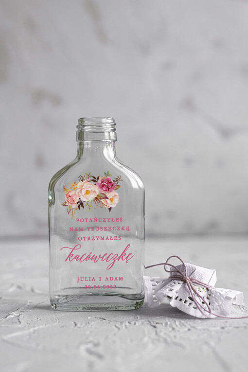  Butelki/słoiczki z nadrukiem UV podziękowania dla gości weselnych  kacówka na alkohol rustykalny prezenty dla gości weselnych kolorowy nadruk na butelce