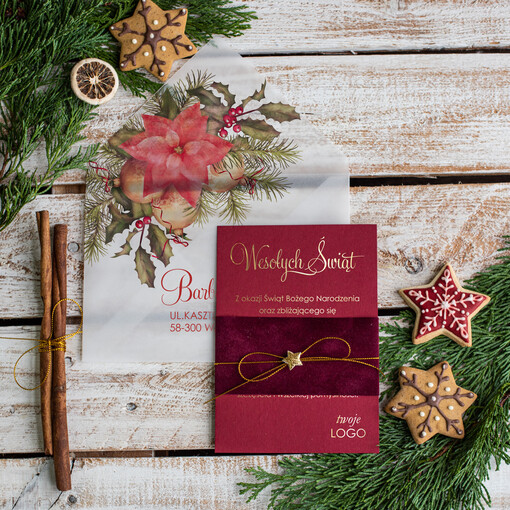 welurowe złocone firmowe kartki swiateczne z logo, firmowe kartki swiateczne, swiateczne kartki dla firm, eleganckie kartki bozonarodzeniowe   