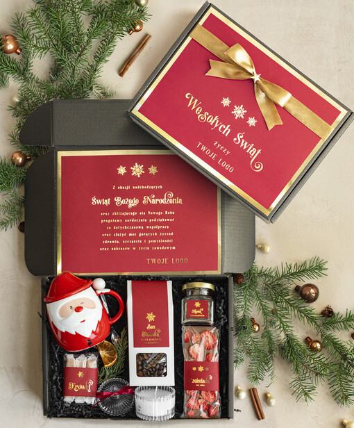  kubki, filiżanki, kubki termiczne Mikołajowy Kubek w zestawie świątecznym z logo firmy , prezenty biznesowe z kawą i herbatą, upominki na święta dla pracowników i kontrahentów, personalizowane prezenty firmowe, zestawy świąteczne z logo,