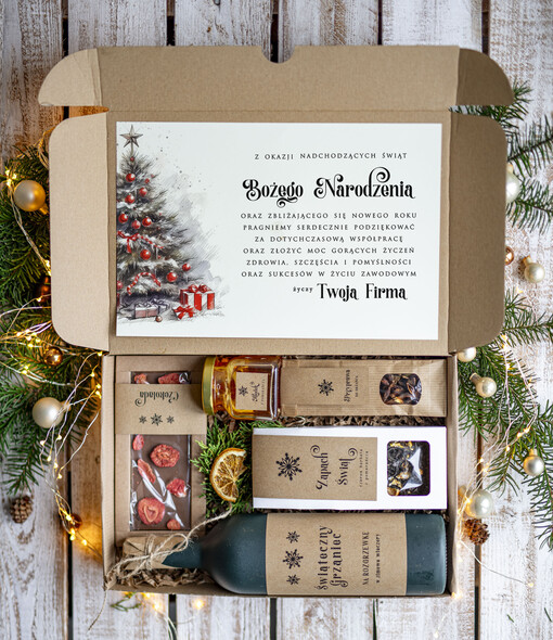  zestawy na rozgrzewkę Oryginalne prezenty świąteczne dla pracowników, kosz prezentowy  z logo upominek świąteczny dla  klientów biznesowych, świąteczne boxy prezentowe
