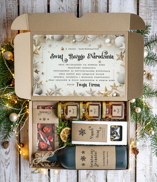  zestawy na rozgrzewkę Oryginalne prezenty świąteczne dla pracowników, kosz prezentowy  z logo upominek świąteczny dla  klientów biznesowych, świąteczne boxy prezentowe