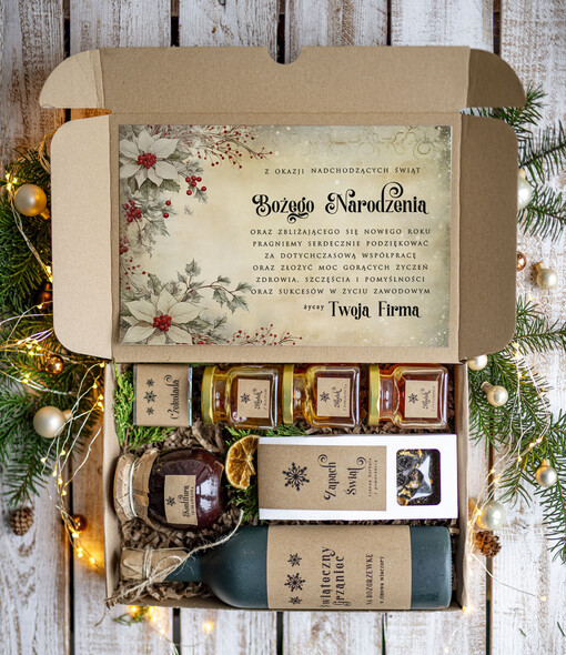  zestawy na rozgrzewkę Oryginalne prezenty świąteczne dla pracowników, kosz prezentowy  z logo upominek świąteczny dla  klientów biznesowych, świąteczne boxy prezentowe