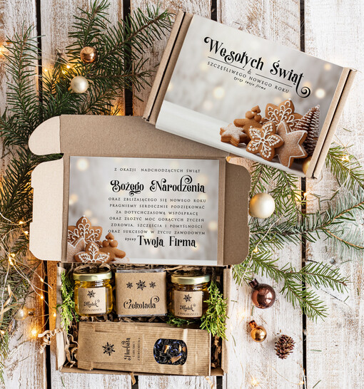  słodkie zestawy  Drobne prezenty biznesowe, drobne prezenty swiateczne od firm z logo, drobne prezenty dla pracowników od firmy, firmowe zestawy świąteczne z herbatą i miodem