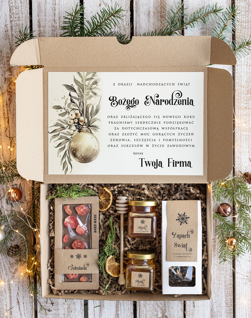  słodkie zestawy  Oryginalne prezenty świąteczne dla pracowników prezenty bożonarodzeniowe z logo zestawy prezentów świątecznych z miodem i herbatą, prezent na święta
