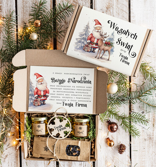  słodkie zestawy  Drobne prezenty biznesowe, drobne prezenty swiateczne od firm z logo, drobne prezenty dla pracowników od firmy, firmowe zestawy świąteczne z herbatą i miodem