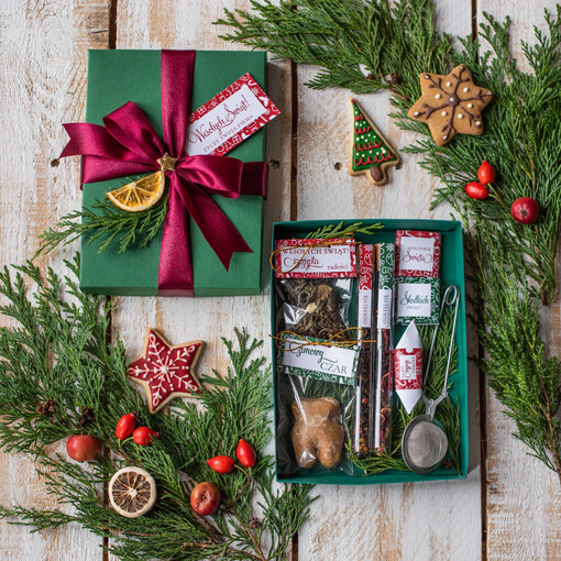 kawa  herbata miód prezenty z okazji świąt bożego narodzenia wydruk logo pudełko z herbatą i kawą    