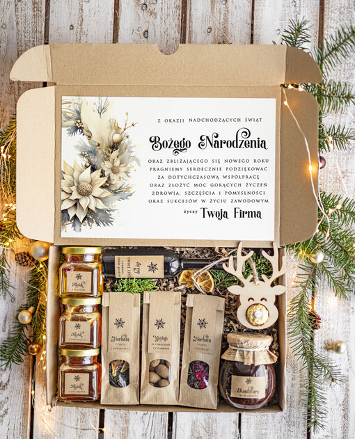  kawa  herbata miód Prezenty na Boże Narodzenie dla klientów, bożonarodzeniowy prezent biznesowy dla firm z miodami i  herbatą, paczki na święta dla pracowników, upominek biznesowy box swiąteczny zestaw z logo 