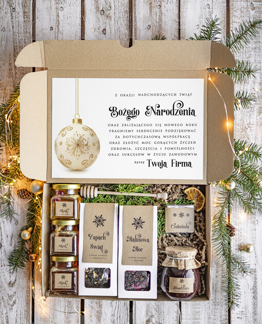  kawa  herbata miód Prezenty na Boże Narodzenie dla klientów, bożonarodzeniowy prezent biznesowy dla firm z kawą i herbatą, paczki na święta dla pracowników, upominek biznesowy box swiąteczny zestaw z logo 