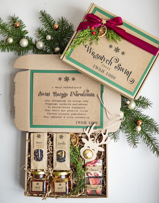  kawa  herbata miód Miody na Prezenty na Boże Narodzenie dla klientów, bożonarodzeniowy prezent biznesowy dla firm herbata i miód, paczki na święta dla pracowników, upominek biznesowy box swiąteczny zestaw z logo 