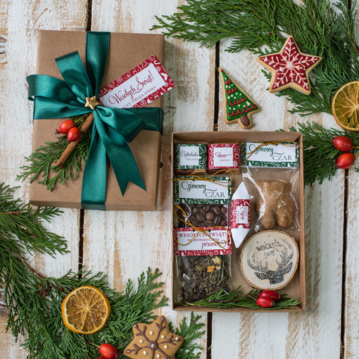  kawa  herbata miód Prezenty świąteczne dla klientów, kawa ziarnista i aromatyczna herbata