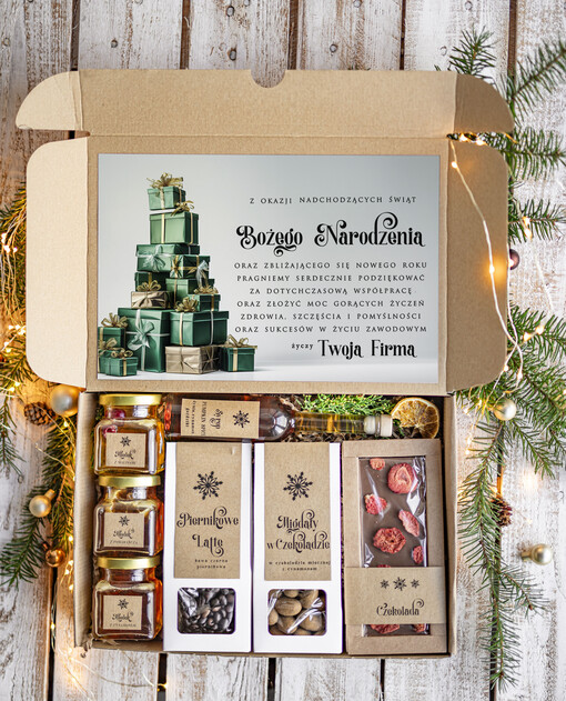  kawa  herbata miód Prezenty na Boże Narodzenie dla klientów, bożonarodzeniowy prezent biznesowy dla firm z kawą i herbatą, paczki na święta dla pracowników, upominek biznesowy box swiąteczny zestaw z logo 