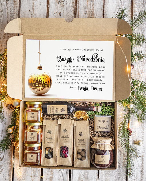  kawa  herbata miód Prezenty na Boże Narodzenie dla klientów, bożonarodzeniowy prezent biznesowy dla firm herbata i miód, paczki na święta dla pracowników, upominek biznesowy box swiąteczny zestaw z logo 