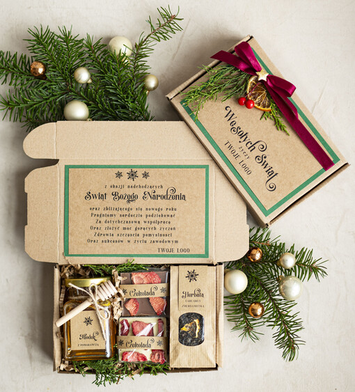  kawa  herbata miód Drobne Prezenty na Boże Narodzenie dla klientów, bożonarodzeniowy prezent biznesowy dla firm herbata i miód, paczki na święta dla pracowników, upominek biznesowy box swiąteczny zestaw z logo 