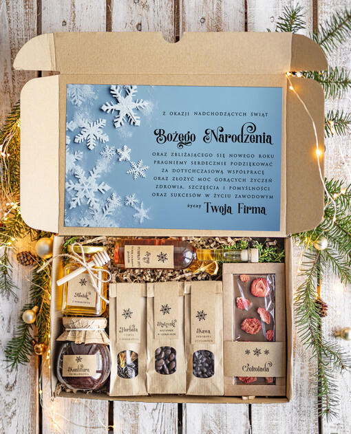  kawa  herbata miód Prezenty na Boże Narodzenie dla klientów, bożonarodzeniowy prezent biznesowy dla firm z kawą  i  herbatą, paczki na święta dla pracowników, upominek biznesowy box swiąteczny zestaw z logo 