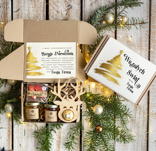  kawa  herbata miód Drobne Prezenty na Boże Narodzenie dla klientów, bożonarodzeniowy prezent biznesowy dla firm herbata i miód, paczki na święta dla pracowników, upominek biznesowy box swiąteczny zestaw z logo 