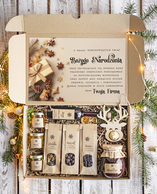  kawa  herbata miód Prezenty na Boże Narodzenie dla klientów, bożonarodzeniowy prezent biznesowy dla firm z kawą  i  herbatą, paczki na święta dla pracowników, upominek biznesowy box swiąteczny zestaw z logo 