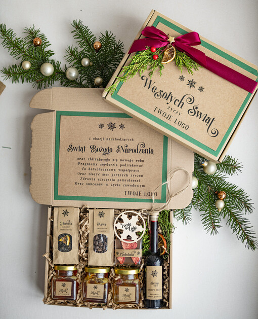  kawa  herbata miód Miody na Prezenty na Boże Narodzenie dla klientów, bożonarodzeniowy prezent biznesowy dla firm herbata i miód, paczki na święta dla pracowników, upominek biznesowy box swiąteczny zestaw z logo 