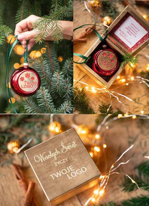  drobne prezenty dla firm Prezent Biznesowy Na Święta z Logo Ekskluzywna Bombka z logo na choinkę z Logo Firmy , życzenia zapakowane w  drewniane pudełko 