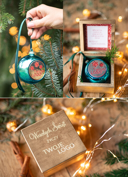  drobne prezenty dla firm Prezent Biznesowy Na Święta z Logo Ekskluzywna Bombka z logo na choinkę z Logo Firmy , życzenia zapakowane w  drewniane pudełko 